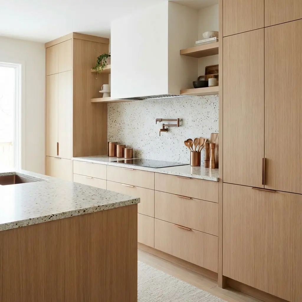 Light oak kitchen cabinetry with terrazzo backsplash and copper fixtures in Fullerton