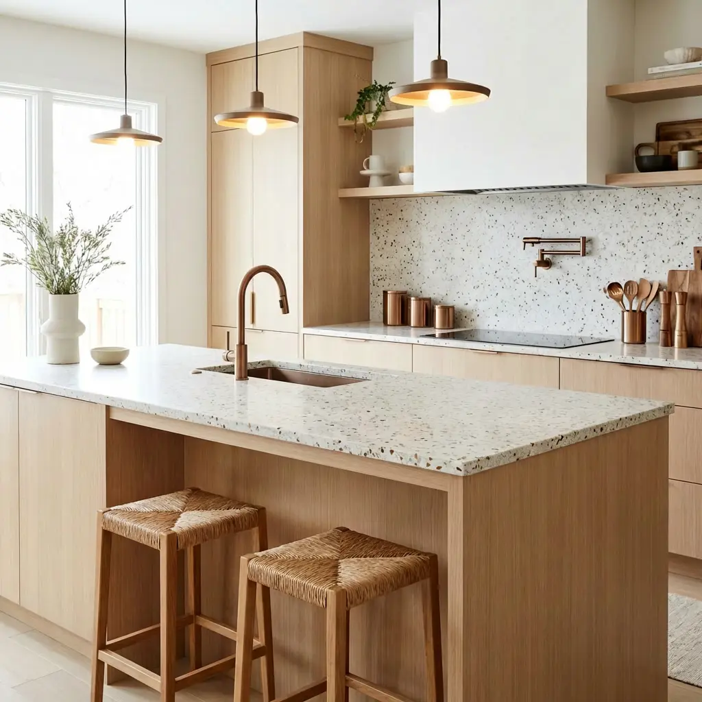 Light oak kitchen island with terrazzo countertop and woven stools in Fullerton