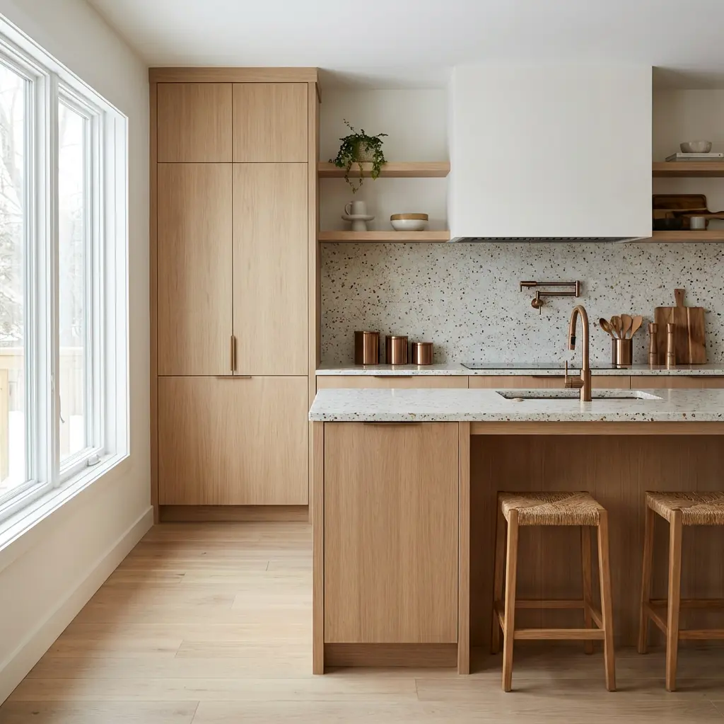 Wide view of a light oak kitchen with island seating and terrazzo counters in Fullerton