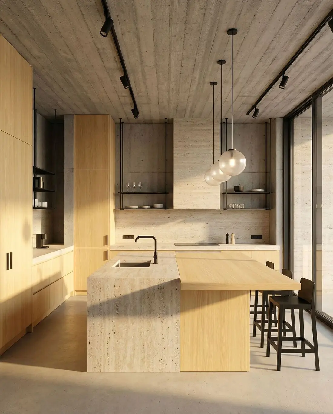 Kitchen remodel with travertine countertop and oak accents in Echo Park, Los Angeles